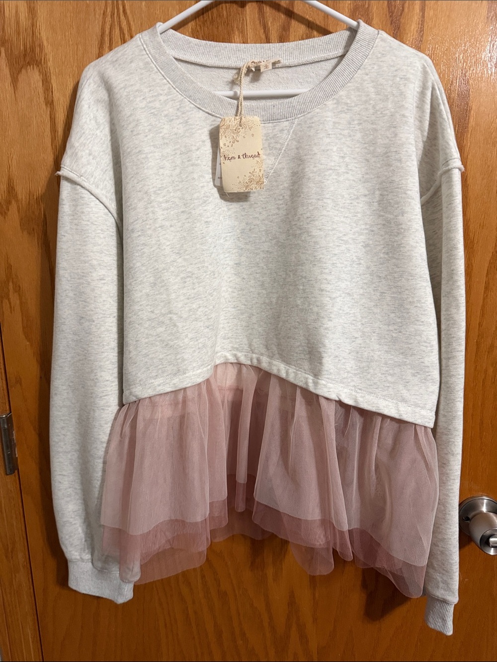 Hem & Thread Heather Gray Sweatshirt with Dusty Rose Tulle Hem